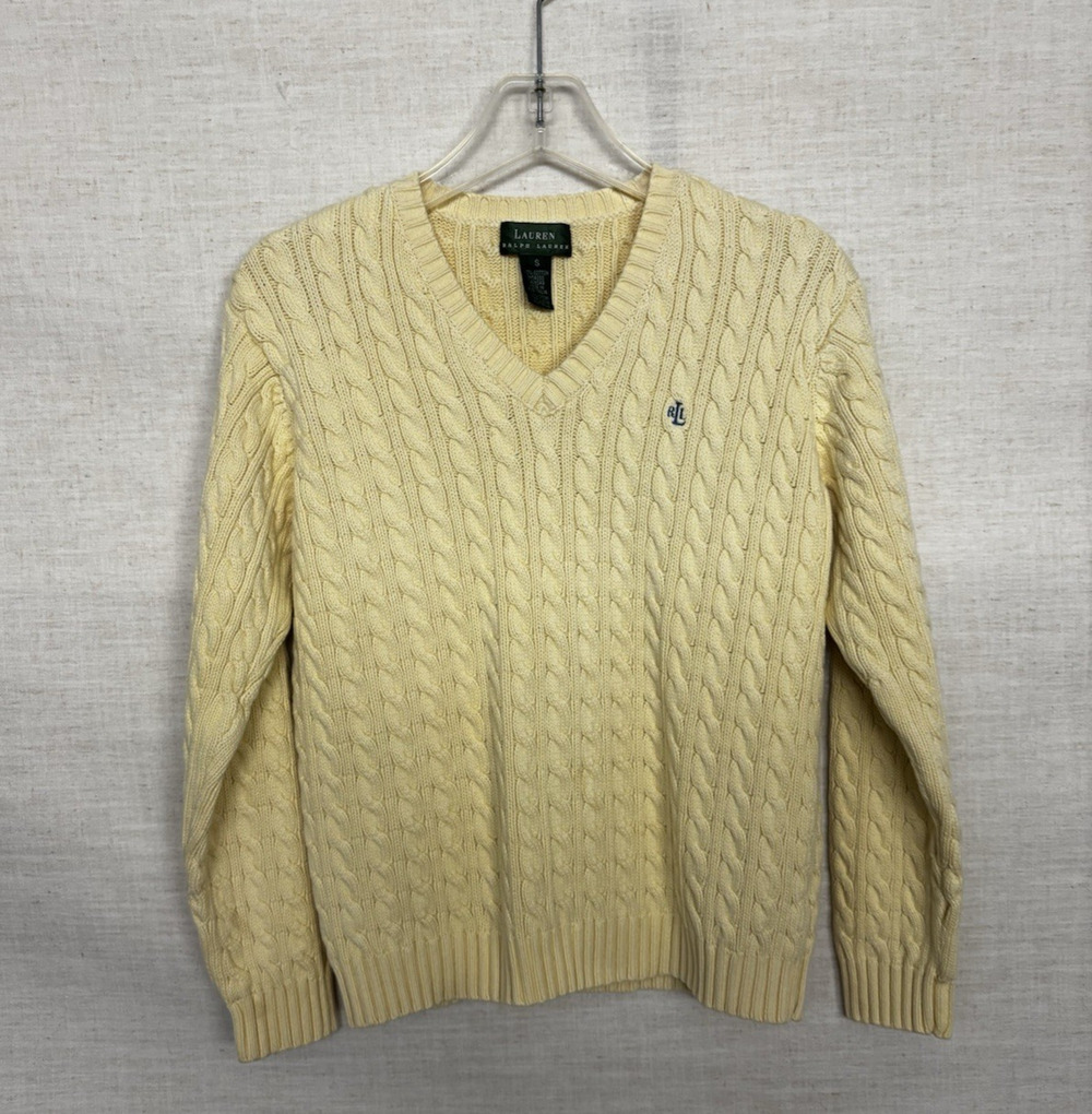 Lauren Ralph Lauren Pale Yellow Cable Knit V-Neck Sweater